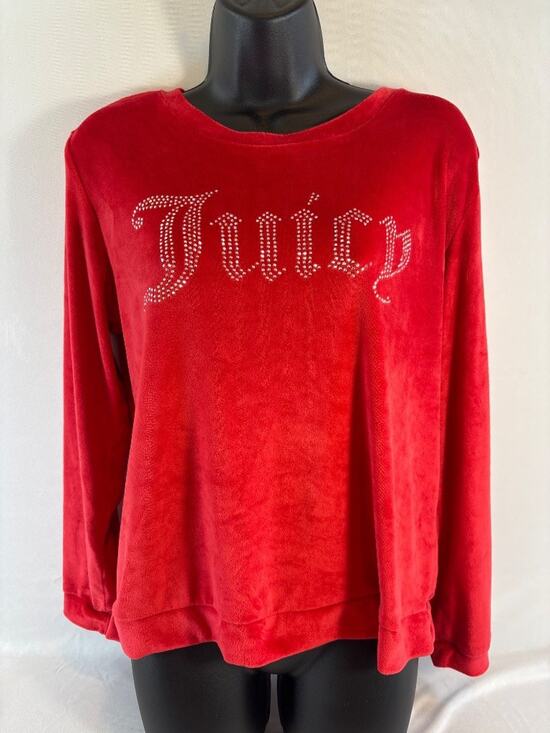 Juicy Couture Tops - Juicy Couture Sleepwear Red Velour Rhinestone Pullover Top Medium Y2K